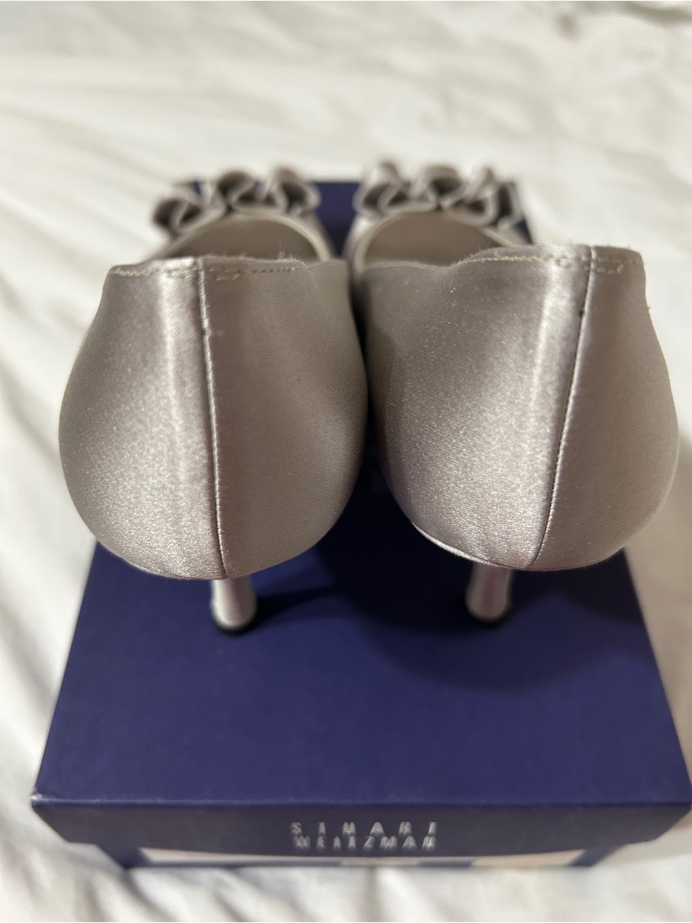 Stuart Weitzman Silver Satin Peep-Toe Pumps with Ruffle Accent - Picture 4 of 8